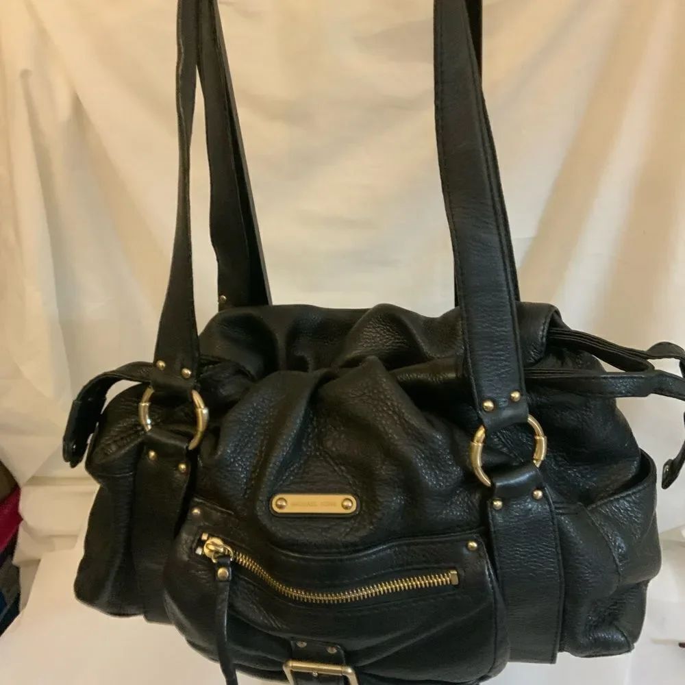 Michael Kors Leather Duffle Handbag black front buckle drawstrings side leather